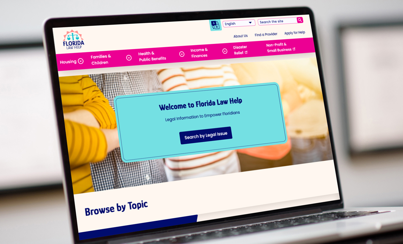 The Florida Law Help homepage on a laptop computer