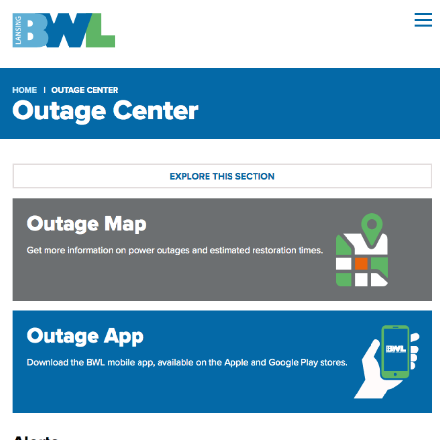 A screenshot of the BWL Outage Center page