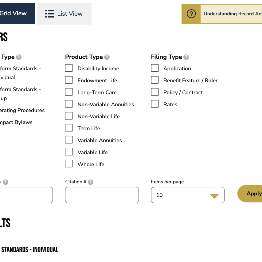 Filters for standards on the Insurance Compact website