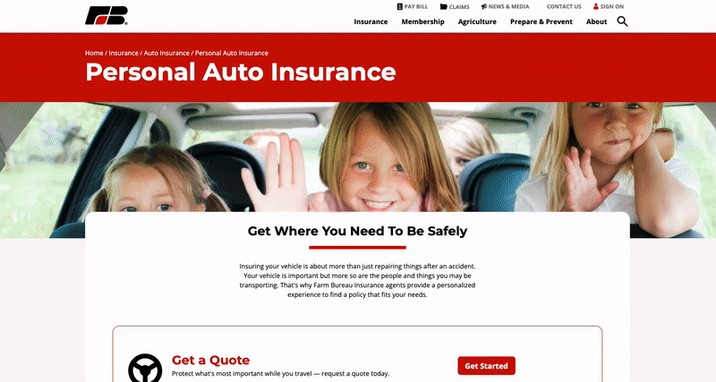 A GIF of the Personal Auto Insurance page on the new MFB website.